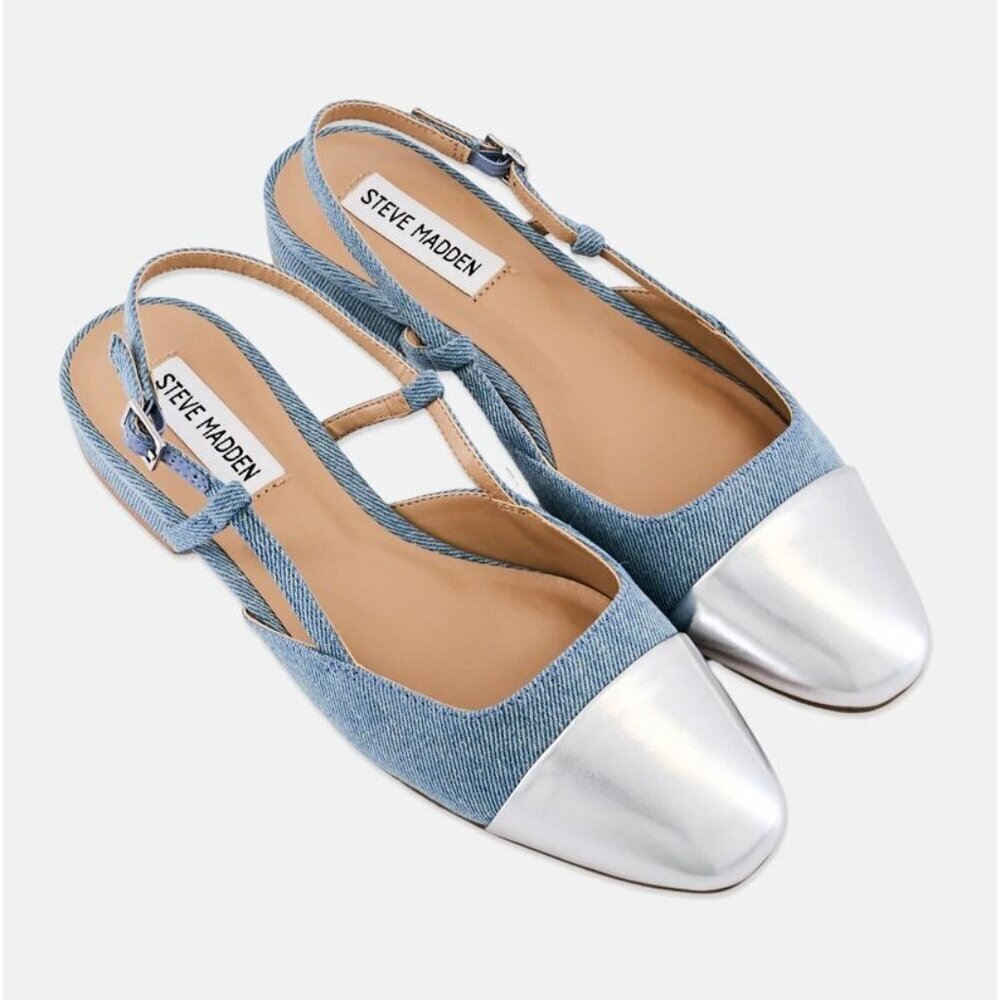 Steve Madden Belinda Adjustable Buckle Sling Back Flats Denim Silver Size 6